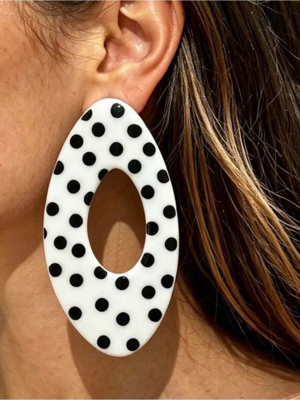 White and Black Polka Dot Oval Drop Earrings